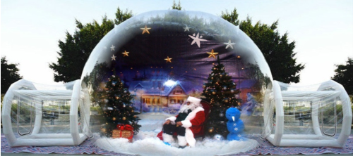Double Entrance Snow Globe A festive scene inside a snow globe featuring Santa, Christmas trees, and snowflakes.