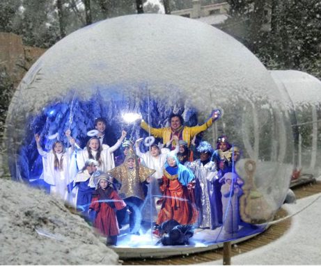 Giant Snow Globe for groups etc. A group of people dressed in festive costumes inside a large snow globe.